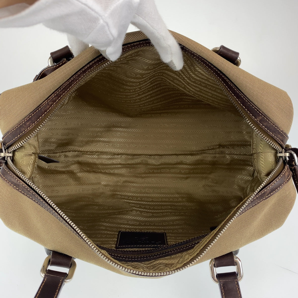 C-094
PRADA プラダ ロゴジャガード ベージュ ブラウン 茶 シルバー金具 キャンバス / レザー BR3461 ハンドバッグ トートバッグ  レディース