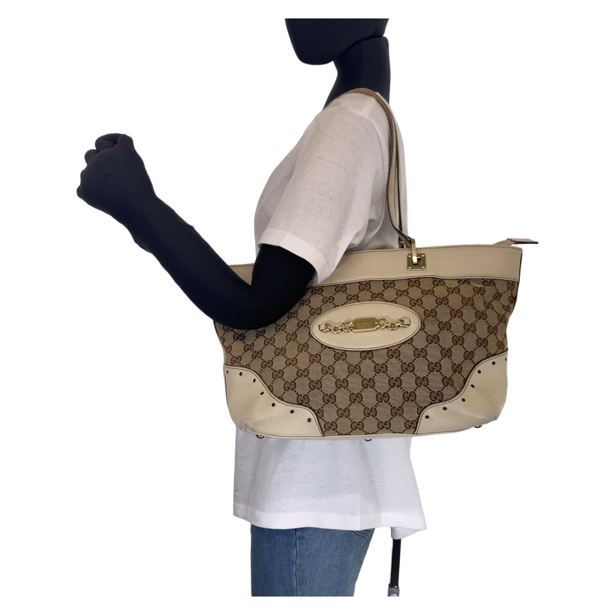 C-120
GUCCI グッチ GGキャンバス ベージュ 茶 ゴールド金具 GGキャンバス / レザー ショルダーバッグ トートバッグ  レディース