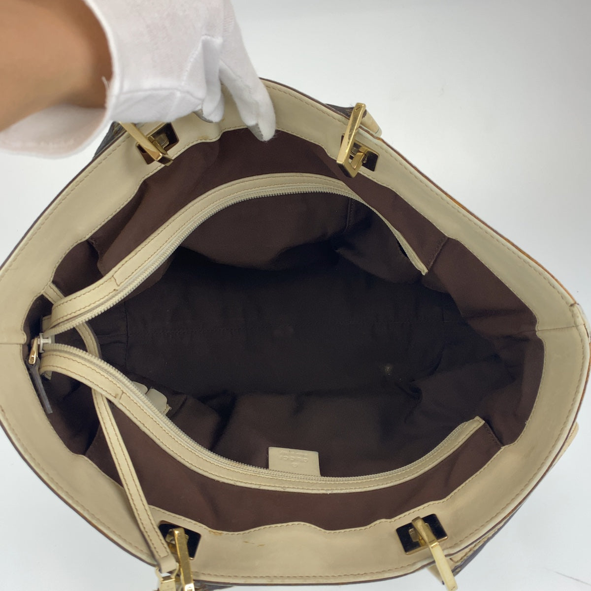C-120
GUCCI グッチ GGキャンバス ベージュ 茶 ゴールド金具 GGキャンバス / レザー ショルダーバッグ トートバッグ  レディース