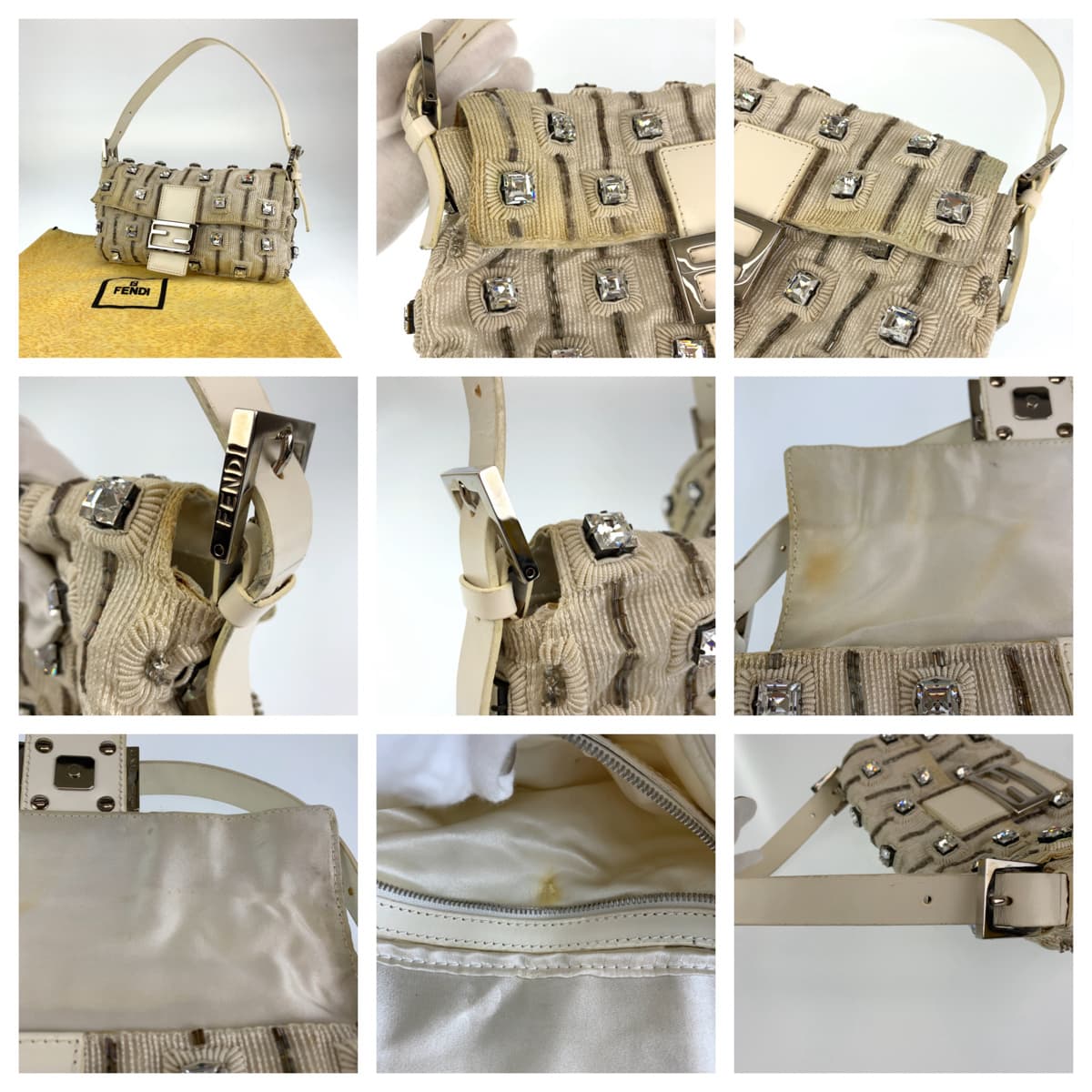 FENDI フェンディ マンマバケット ビジュー ラインストーン ホワイト 白 アイボリー シルバー金具 レザー ハンドバッグ トートバッグ  レディース