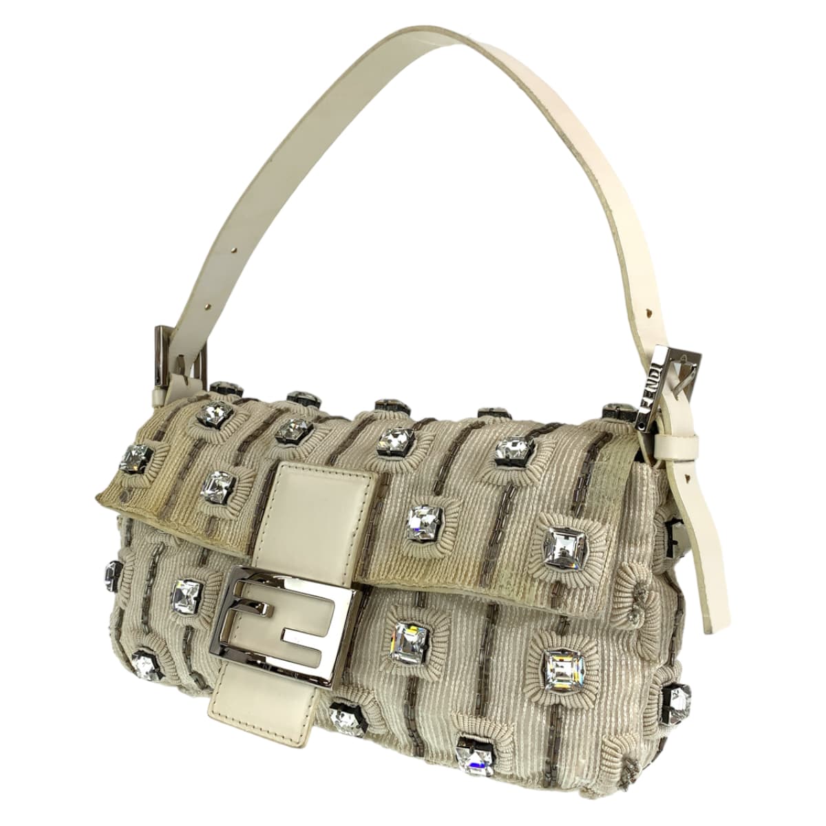 FENDI フェンディ マンマバケット ビジュー ラインストーン ホワイト 白 アイボリー シルバー金具 レザー ハンドバッグ トートバッグ  レディース