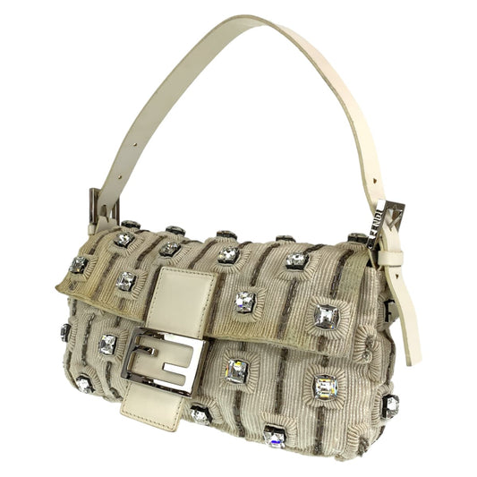 FENDI フェンディ マンマバケット ビジュー ラインストーン ホワイト 白 アイボリー シルバー金具 レザー ハンドバッグ トートバッグ  レディース