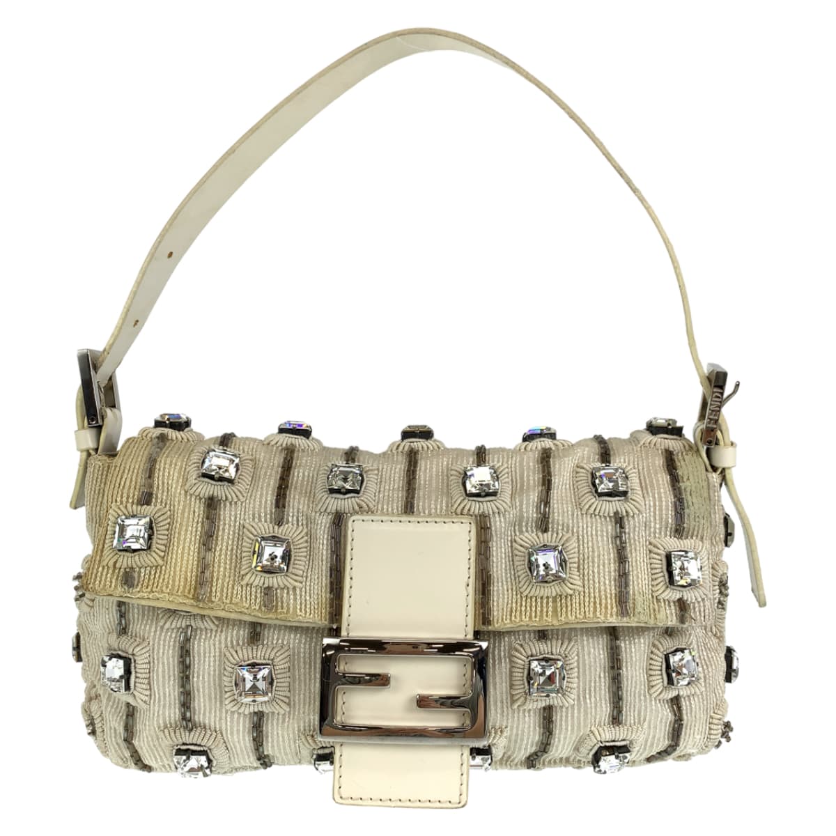 FENDI フェンディ マンマバケット ビジュー ラインストーン ホワイト 白 アイボリー シルバー金具 レザー ハンドバッグ トートバッグ  レディース