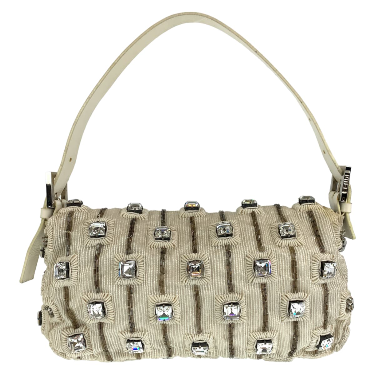 FENDI フェンディ マンマバケット ビジュー ラインストーン ホワイト 白 アイボリー シルバー金具 レザー ハンドバッグ トートバッグ  レディース