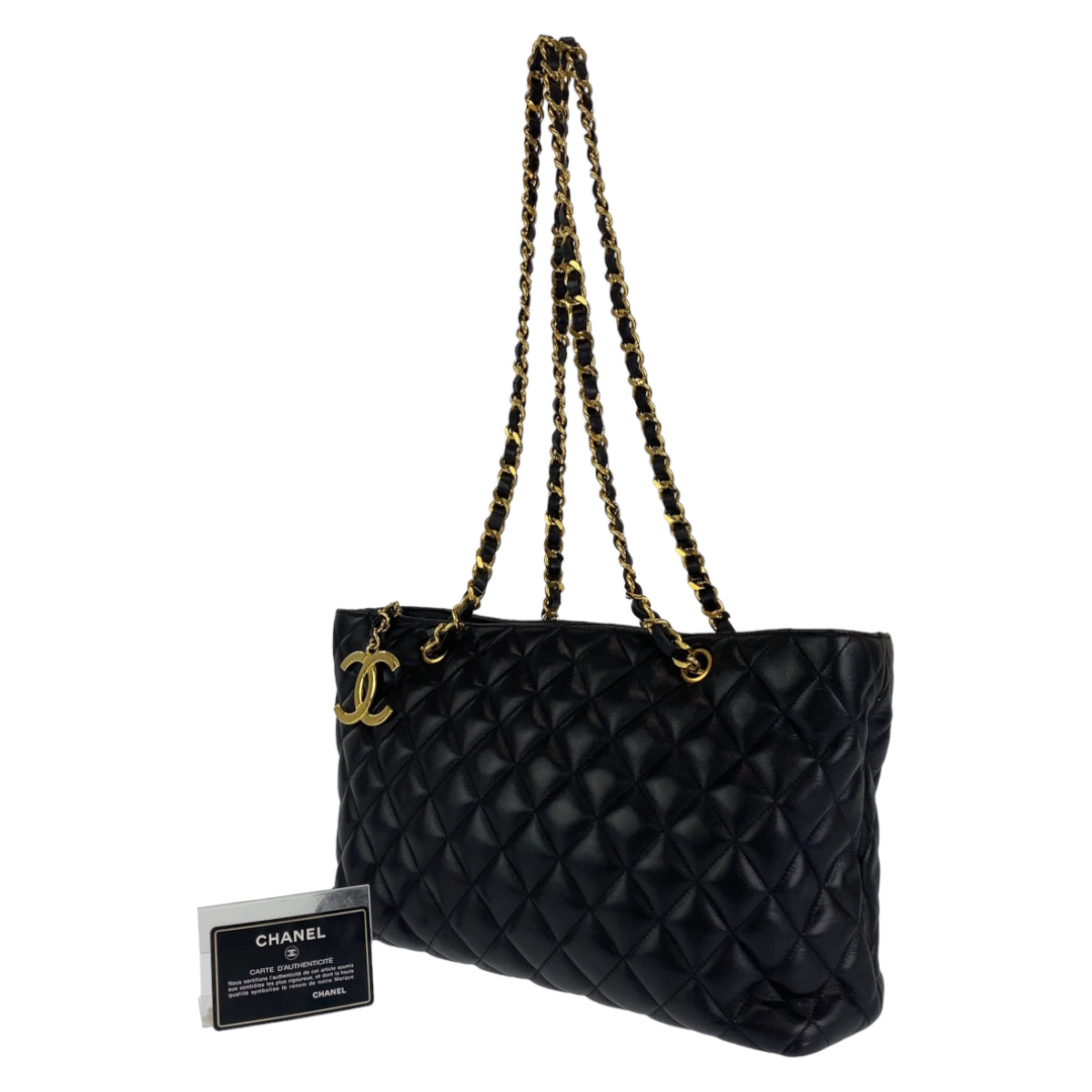 C-033
 CHANEL Vintage Matelasse Coco Mark Black Gold Hardware Lambskin Tote Bag Shoulder Bag Women's