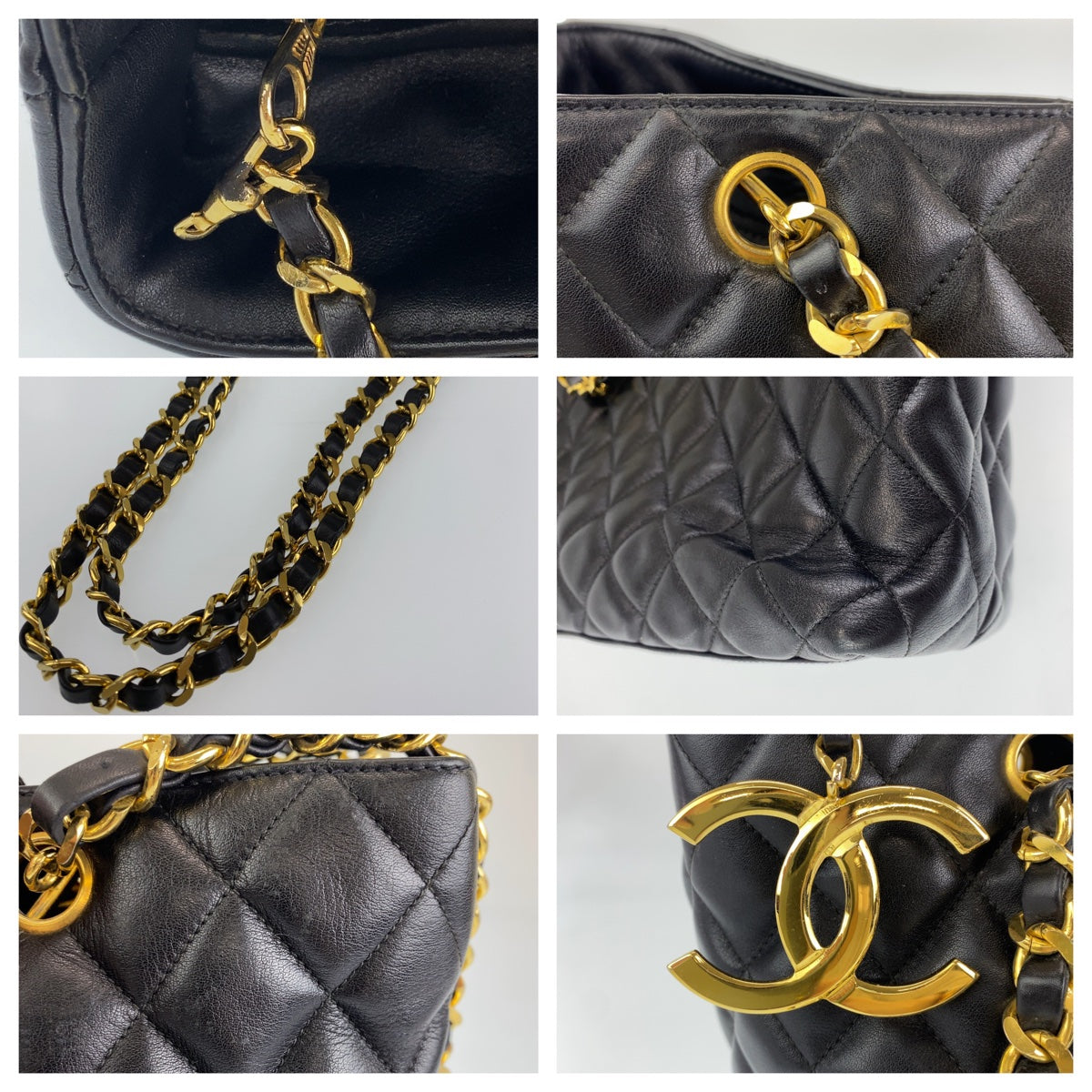 C-033
 CHANEL Vintage Matelasse Coco Mark Black Gold Hardware Lambskin Tote Bag Shoulder Bag Women's
