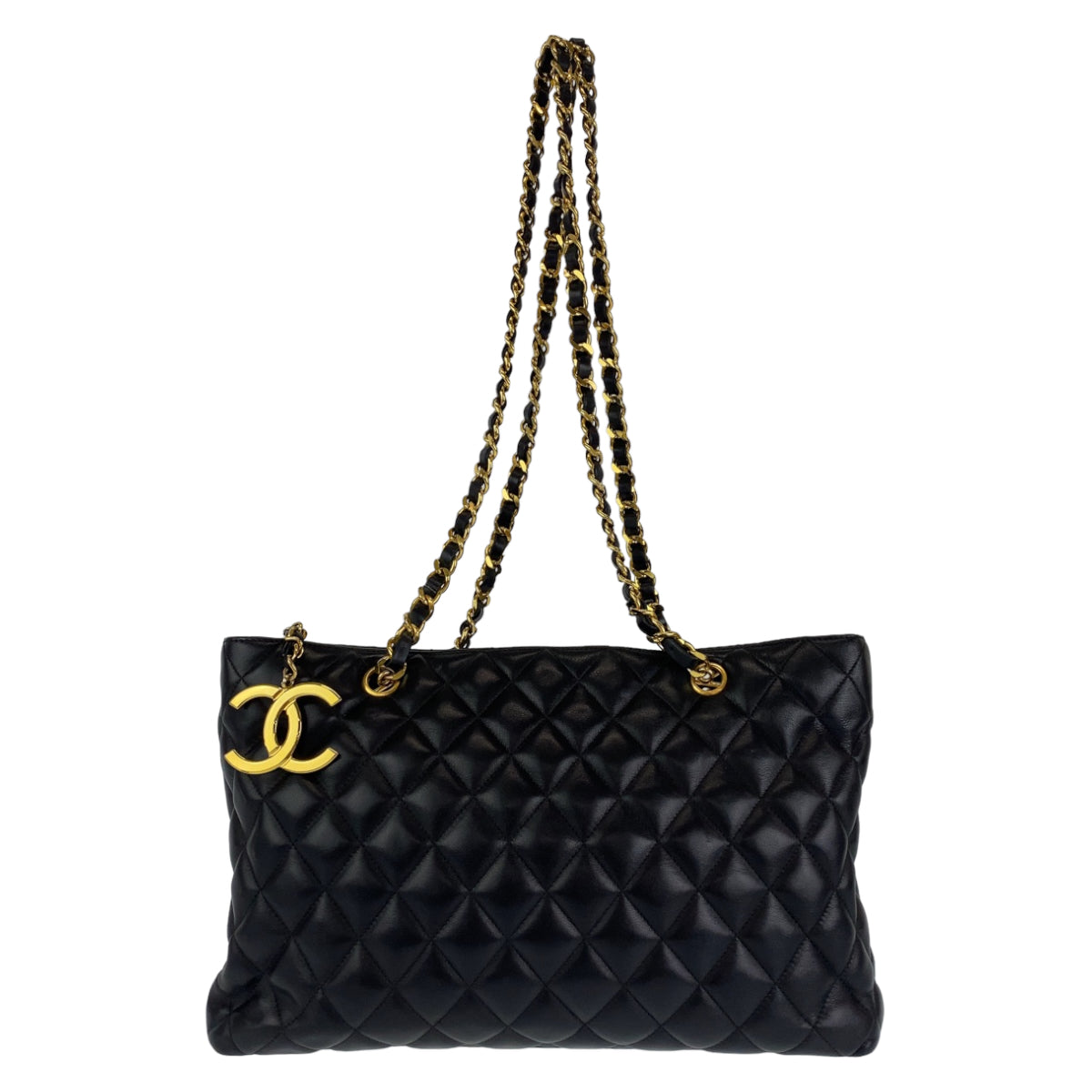 C-033
 CHANEL Vintage Matelasse Coco Mark Black Gold Hardware Lambskin Tote Bag Shoulder Bag Women's