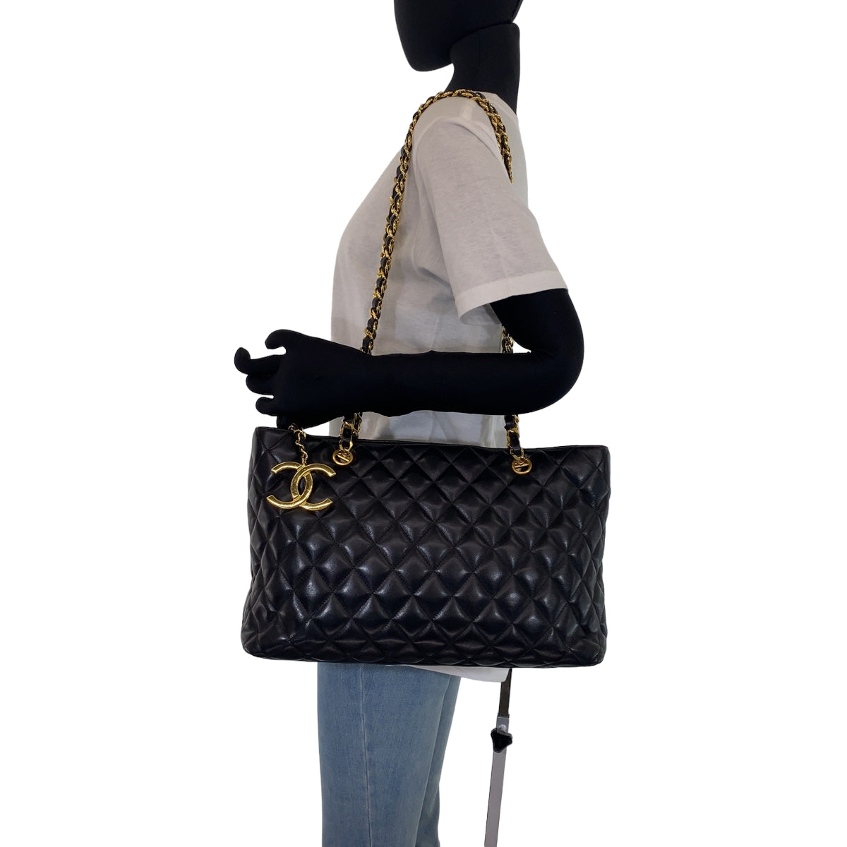 C-033
 CHANEL Vintage Matelasse Coco Mark Black Gold Hardware Lambskin Tote Bag Shoulder Bag Women's