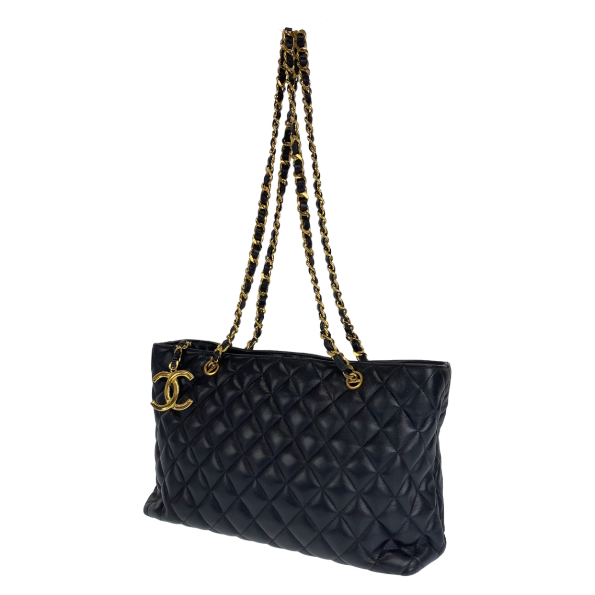 C-033
 CHANEL Vintage Matelasse Coco Mark Black Gold Hardware Lambskin Tote Bag Shoulder Bag Women's