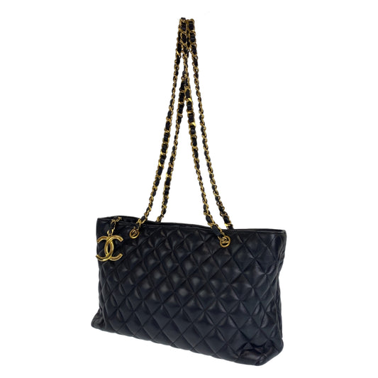 C-033
 CHANEL Vintage Matelasse Coco Mark Black Gold Hardware Lambskin Tote Bag Shoulder Bag Women's