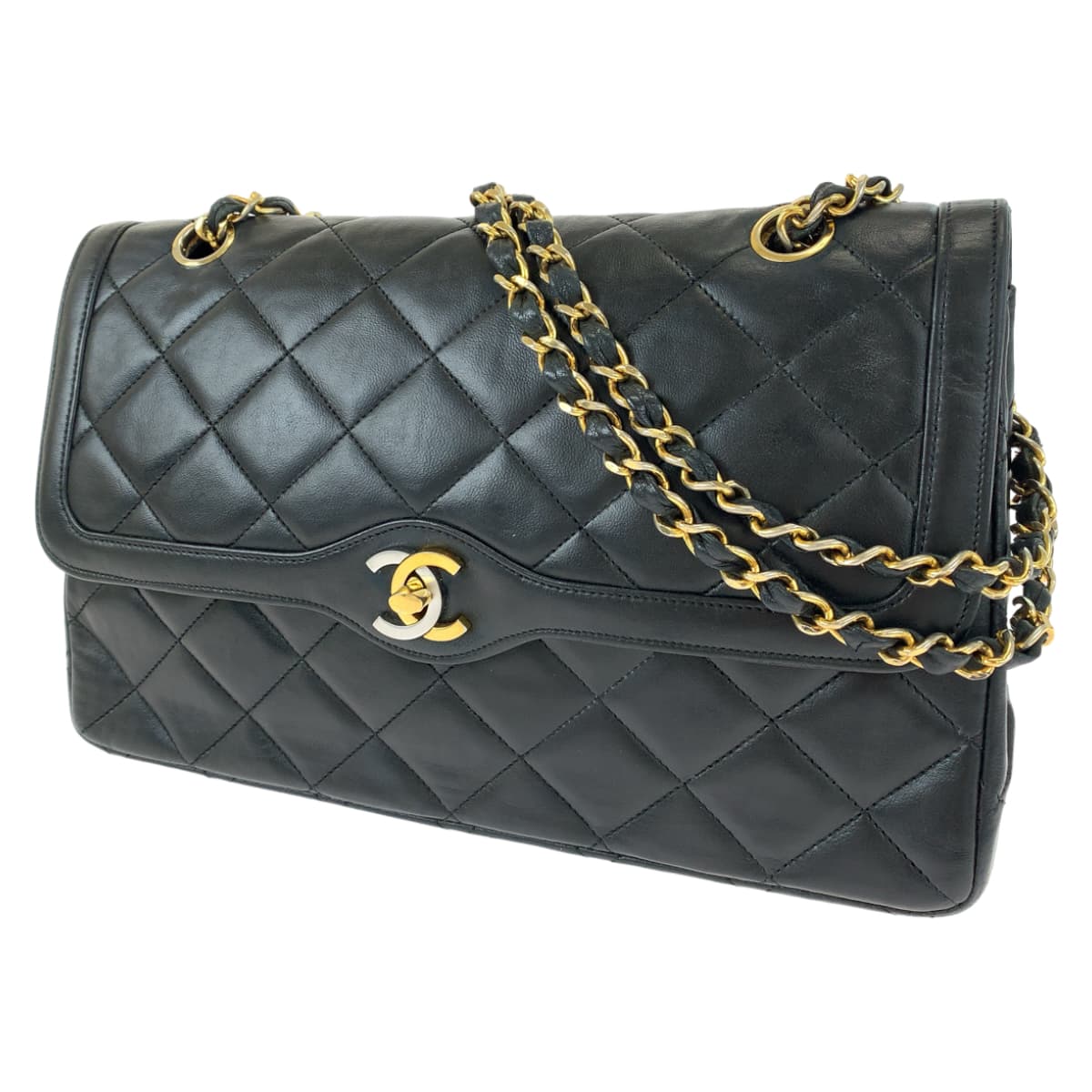 CHANEL シャネル パリ限定 マトラッセ ココマーク ターンロック ブラック 黒 ゴールド金具 ラムスキン Wチェーンショルダーバッグ  レディース