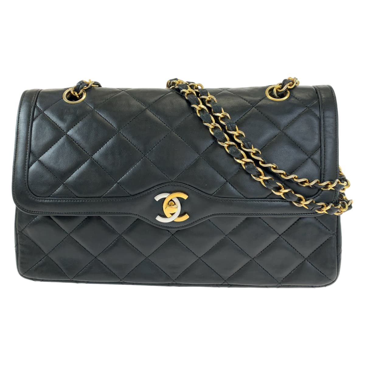 CHANEL シャネル パリ限定 マトラッセ ココマーク ターンロック ブラック 黒 ゴールド金具 ラムスキン Wチェーンショルダーバッグ  レディース
