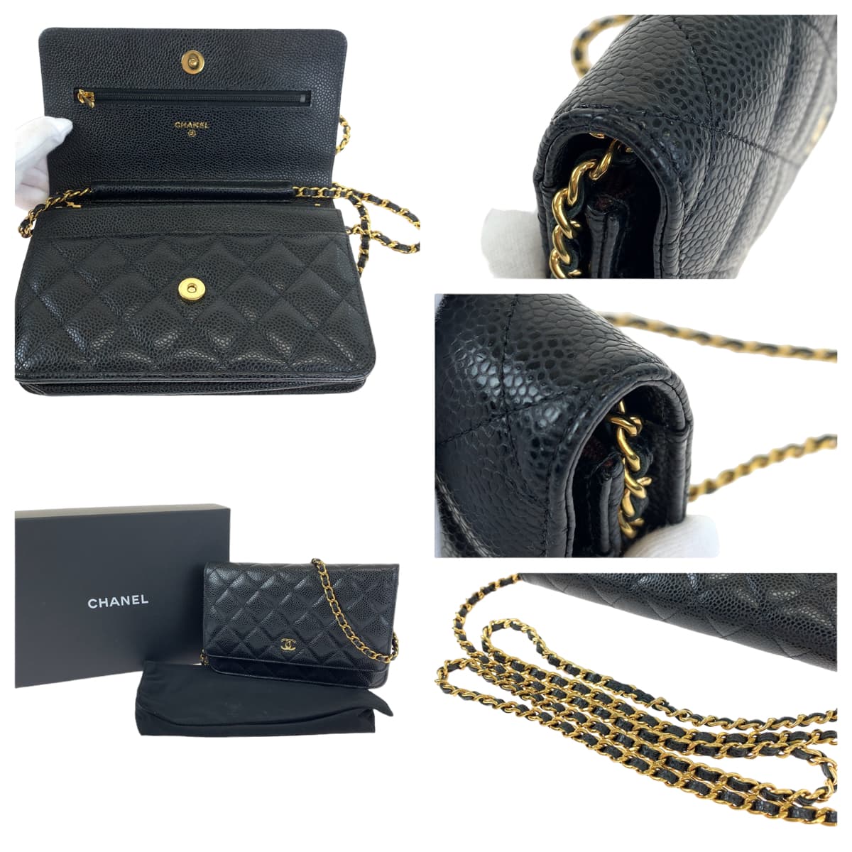 CHANEL シャネル マトラッセ ココマーク 新型 ブラック 黒 ゴールド金具 キャビアスキン AP0250 チェーンウォレット 長財布  レディース