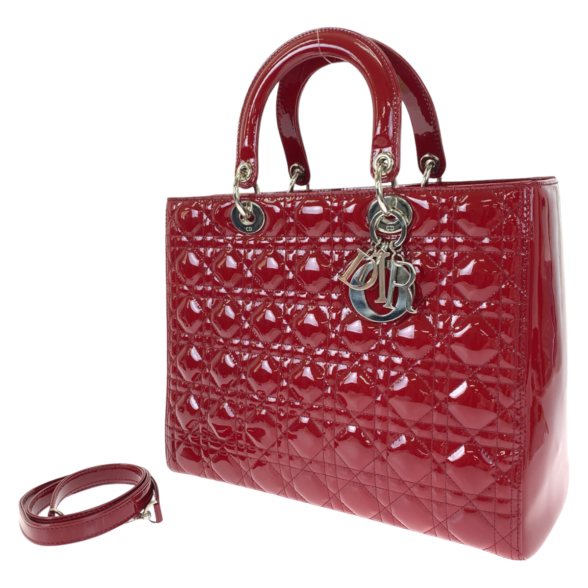 Dior ディオール レディディオール カナージュ クラシック ラージバッグ レッド 赤 シルバー金具 エナメル ショルダーバッグ ハンドバッグ 2way  レディース