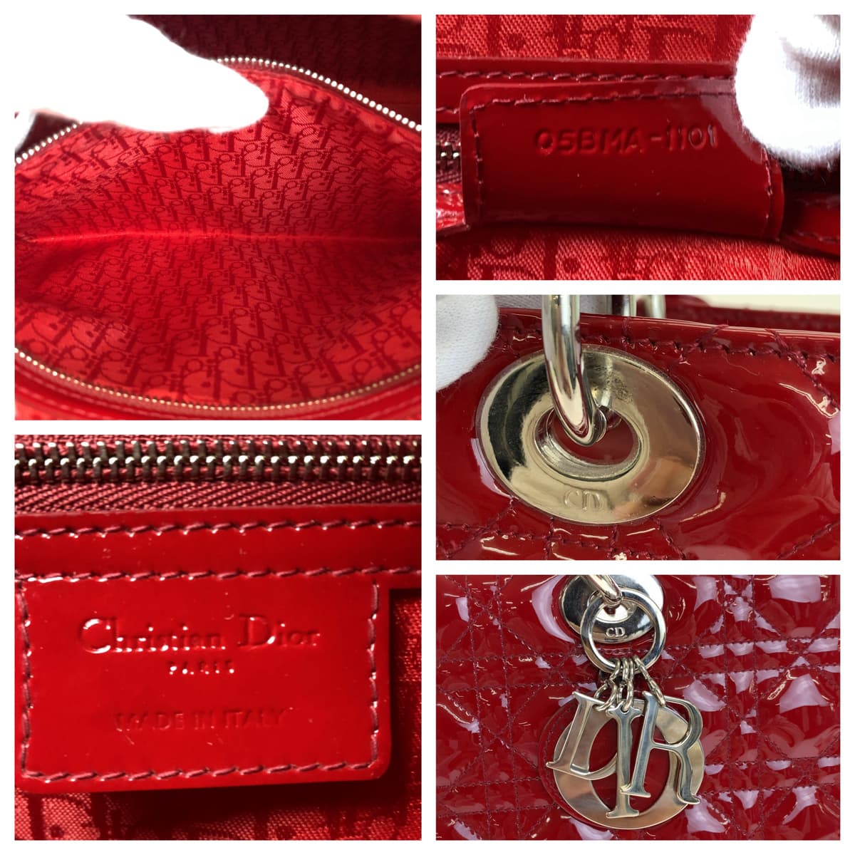 Dior ディオール レディディオール カナージュ クラシック ラージバッグ レッド 赤 シルバー金具 エナメル ショルダーバッグ ハンドバッグ 2way  レディース