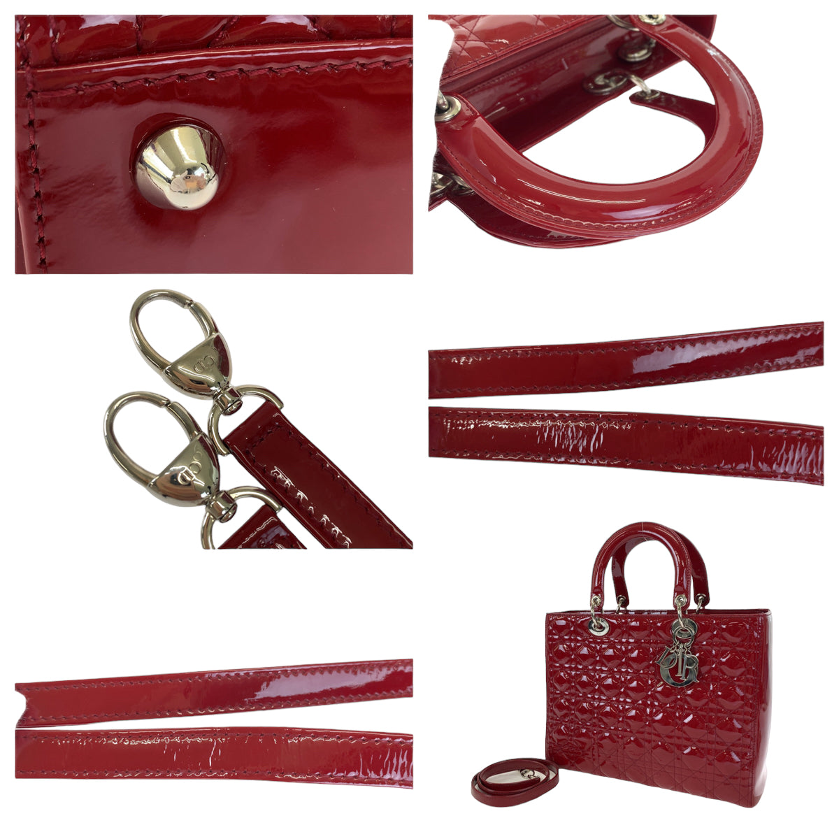 Dior ディオール レディディオール カナージュ クラシック ラージバッグ レッド 赤 シルバー金具 エナメル ショルダーバッグ ハンドバッグ 2way  レディース