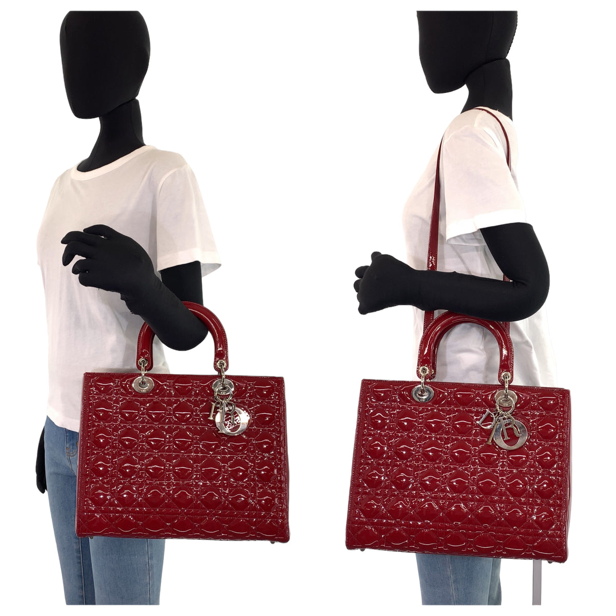 Dior ディオール レディディオール カナージュ クラシック ラージバッグ レッド 赤 シルバー金具 エナメル ショルダーバッグ ハンドバッグ 2way  レディース