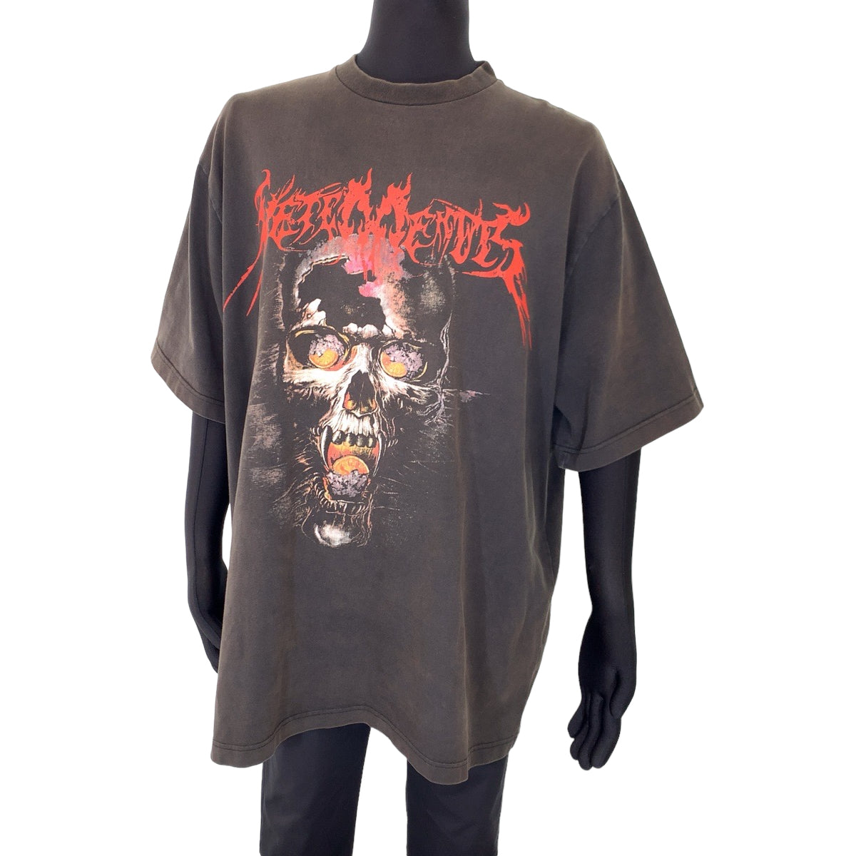 VETEMENTS ヴェトモン ヘビーメタル スカルプリント サイズS ブラック 黒 ダークグレー コットン ヴィンテージ加工 半袖Tシャツ オーバーサイズ  メンズ
