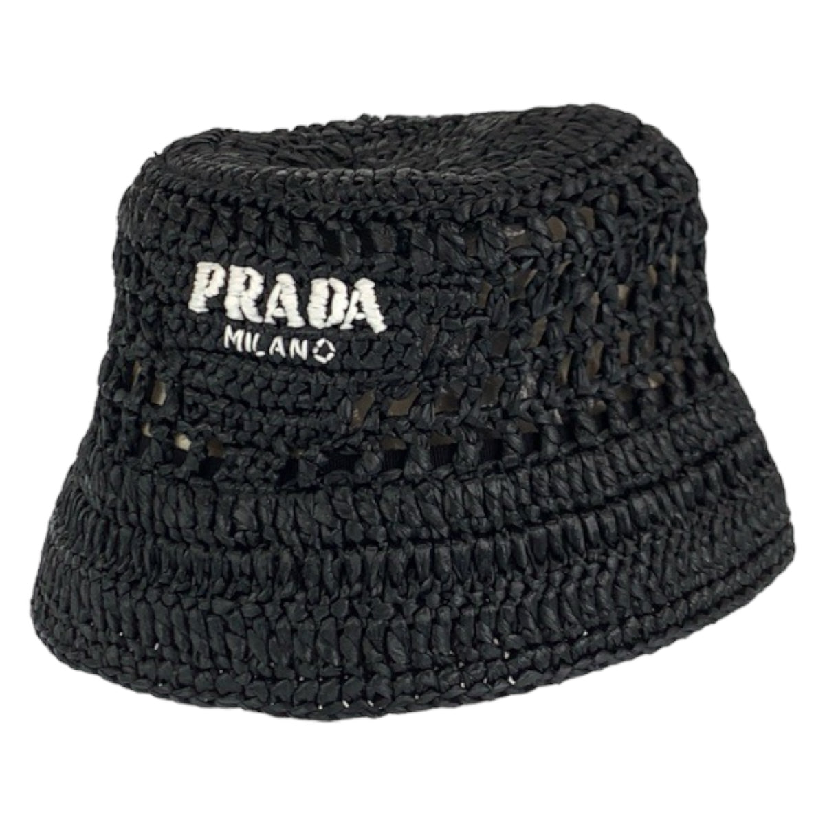 C-071
PRADA プラダ サイズM ラフィア ブラック 黒 レーヨン ストローハット ハット バケットハット  レディース