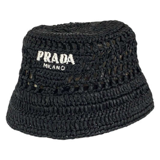 C-071
PRADA プラダ サイズM ラフィア ブラック 黒 レーヨン ストローハット ハット バケットハット  レディース