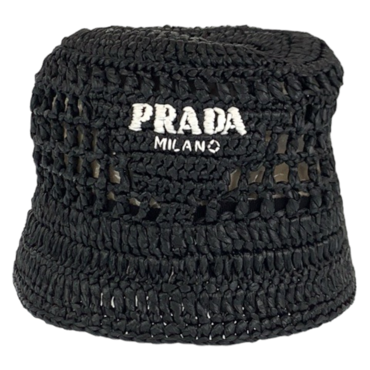 C-071
PRADA プラダ サイズM ラフィア ブラック 黒 レーヨン ストローハット ハット バケットハット  レディース