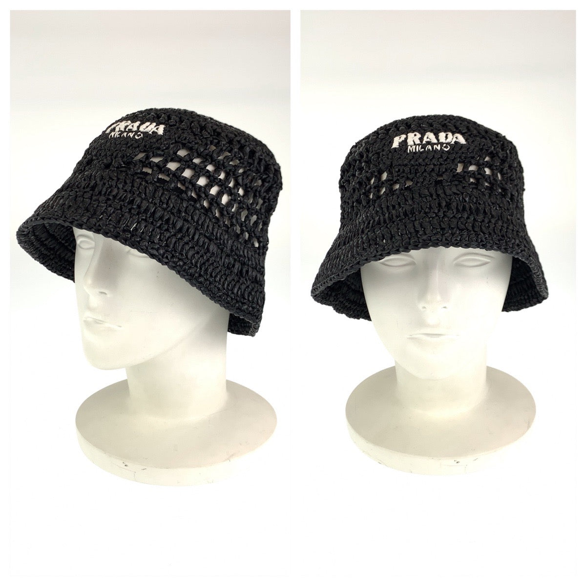 C-071
PRADA プラダ サイズM ラフィア ブラック 黒 レーヨン ストローハット ハット バケットハット  レディース