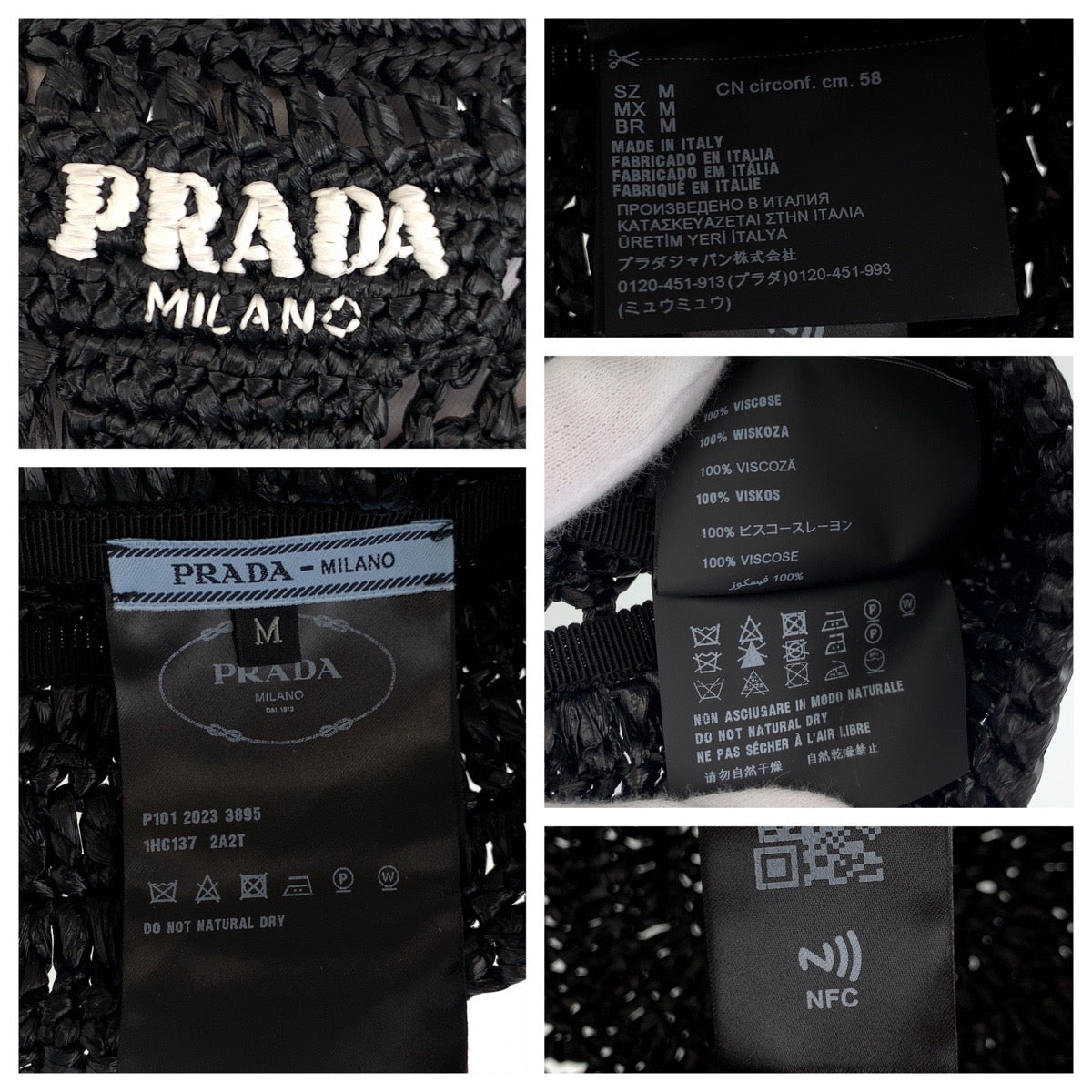 C-071
PRADA プラダ サイズM ラフィア ブラック 黒 レーヨン ストローハット ハット バケットハット  レディース