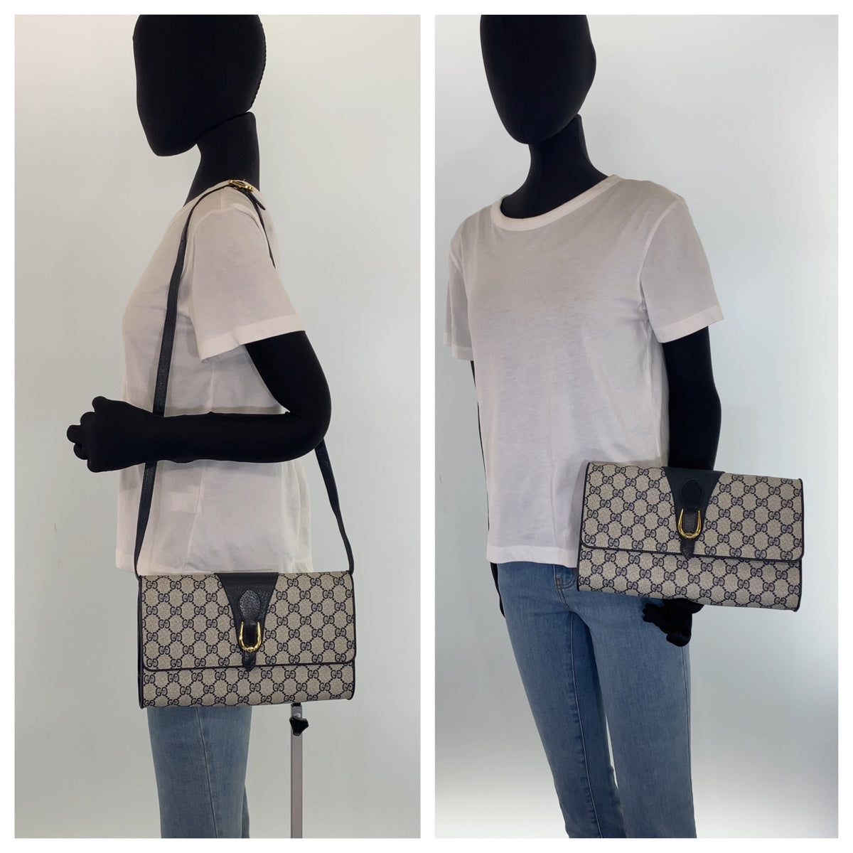 GUCCI グッチ ヴィンテージ オールドグッチ ネイビー 紺 ゴールド金具 レザー ショルダーバッグ クラッチバッグ  レディース