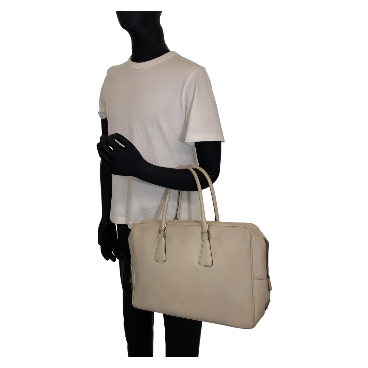 PRADA Prada Saffiano Ivory Silver Hardware Leather VS0305 Business Bag Briefcase Men's