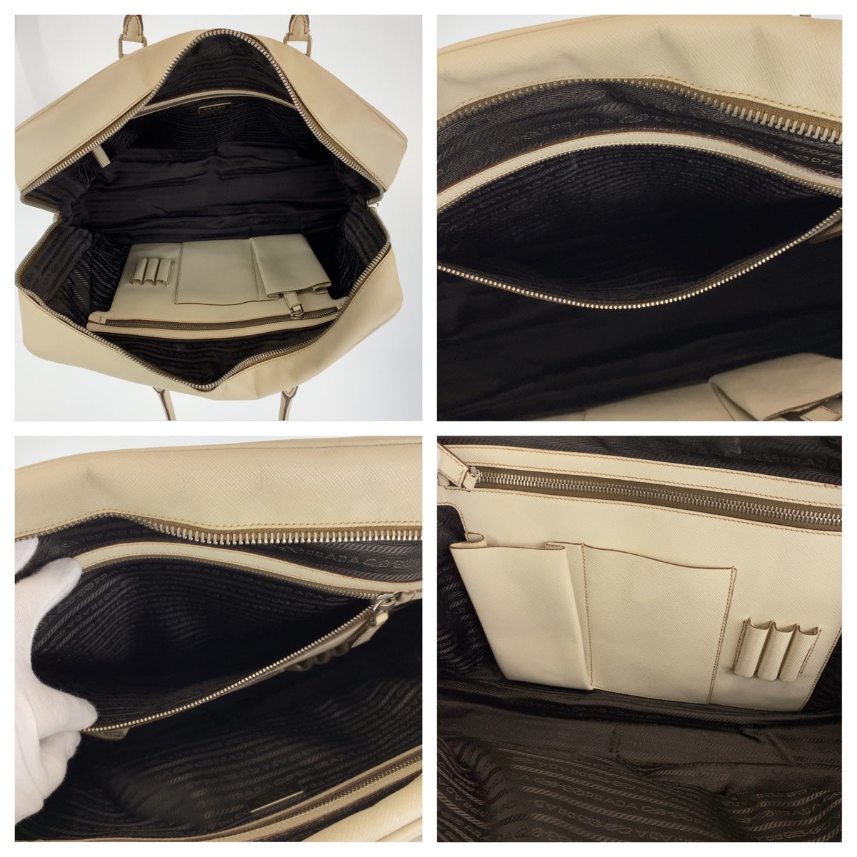 PRADA Prada Saffiano Ivory Silver Hardware Leather VS0305 Business Bag Briefcase Men's