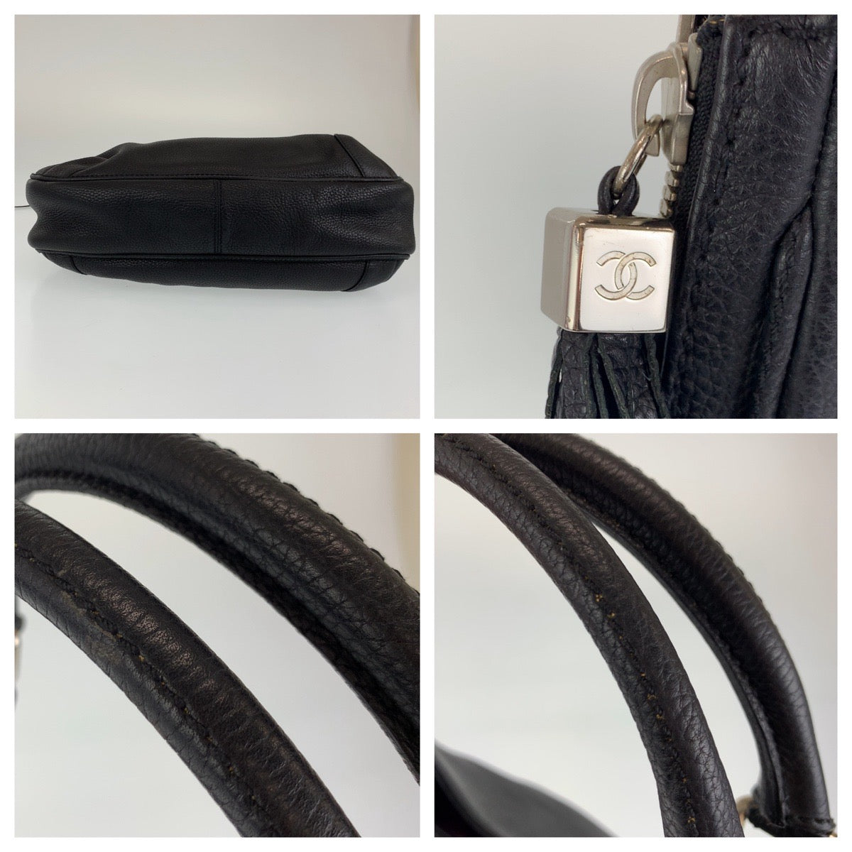 CHANEL シャネル ヴィンテージ フリンジ ココマーク ブラック 黒 シルバー金具 レザー ハンドバッグ トートバッグ  レディース
