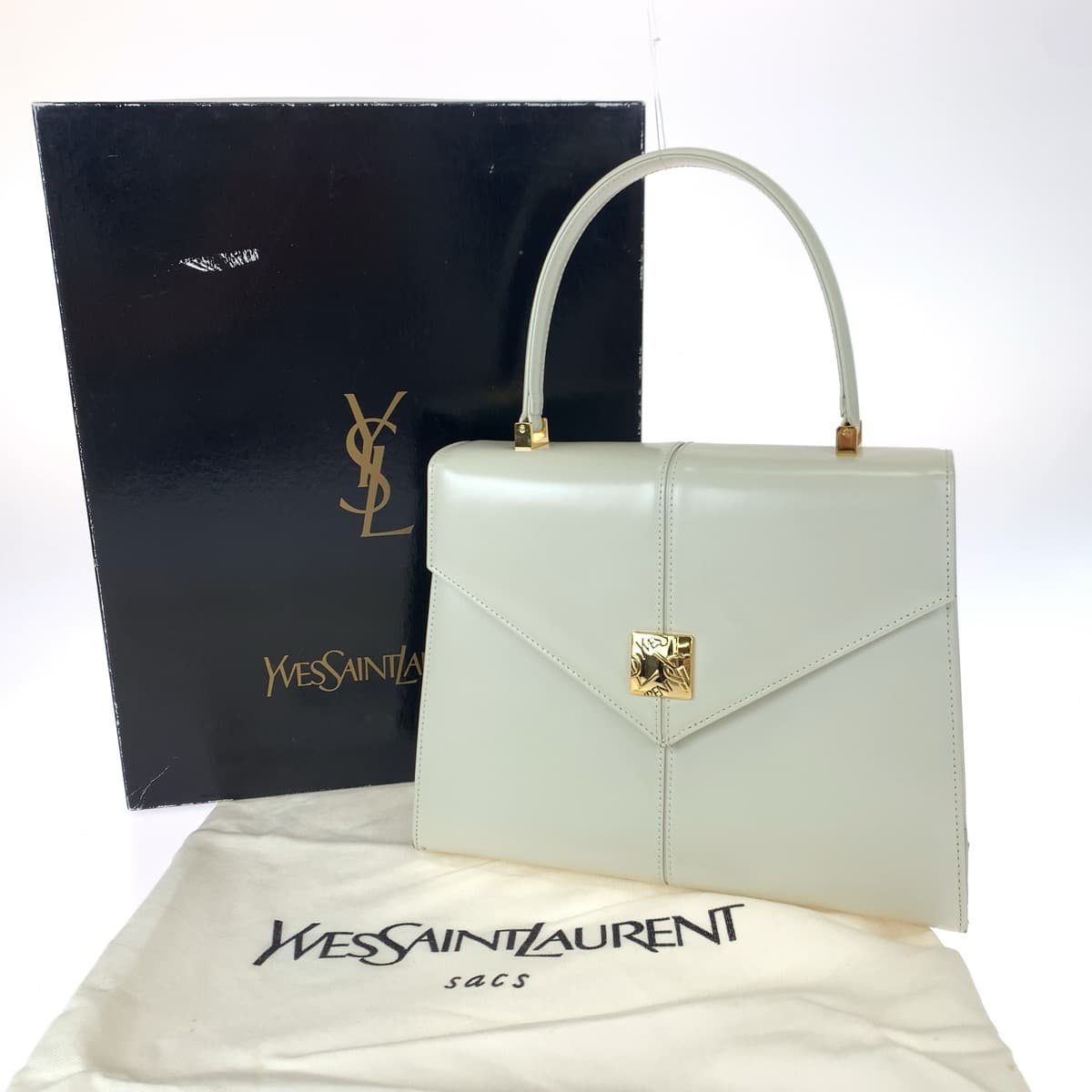 YVES SAINT LAURENT イヴ・サンローラン ヴィンテージ ホワイト 白 ゴールド金具 レザー ハンドバッグ  レディース
