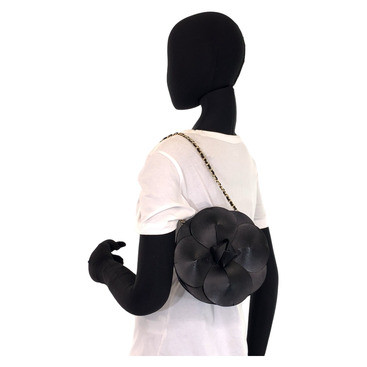 CHANEL シャネル ヴィンテージ カメリア チェーンショルダー ブラック 黒 ゴールド金具 ラムスキン / サテン ハンドバッグ アクセサリーポーチ  レディース