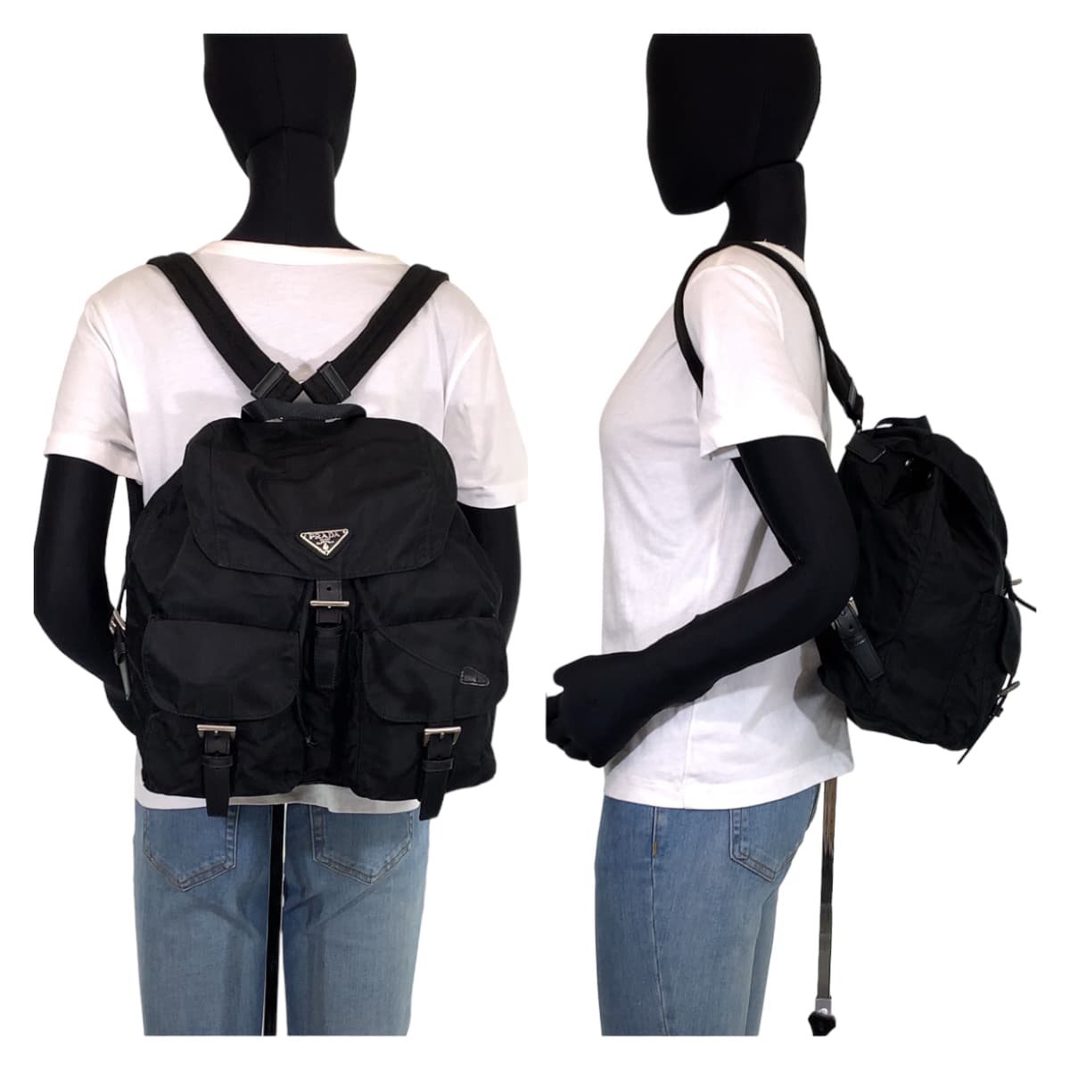 PRADA Prada Tessuto Black Silver Hardware Nylon Backpack Women's