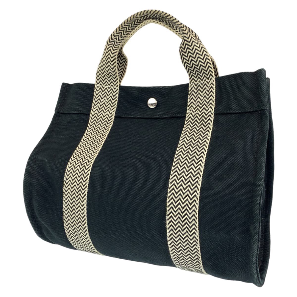 HERMES エルメス カンヌPM ポーチ付き ブラック 黒 ホワイト 白 シルバー金具 キャンバス トートバッグ ハンドバッグ  レディース