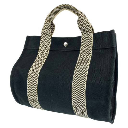 HERMES エルメス カンヌPM ポーチ付き ブラック 黒 ホワイト 白 シルバー金具 キャンバス トートバッグ ハンドバッグ  レディース