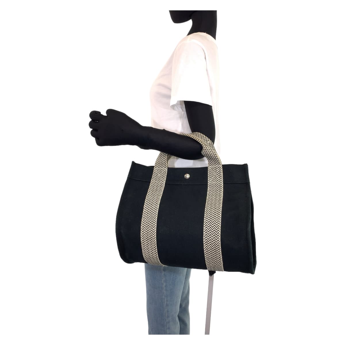 HERMES エルメス カンヌPM ポーチ付き ブラック 黒 ホワイト 白 シルバー金具 キャンバス トートバッグ ハンドバッグ  レディース