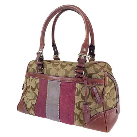 COACH コーチ シグネチャー ブラウン 茶 ピンク シルバー金具 キャンバス / レザー ハンドバッグ ミニボストン  レディース