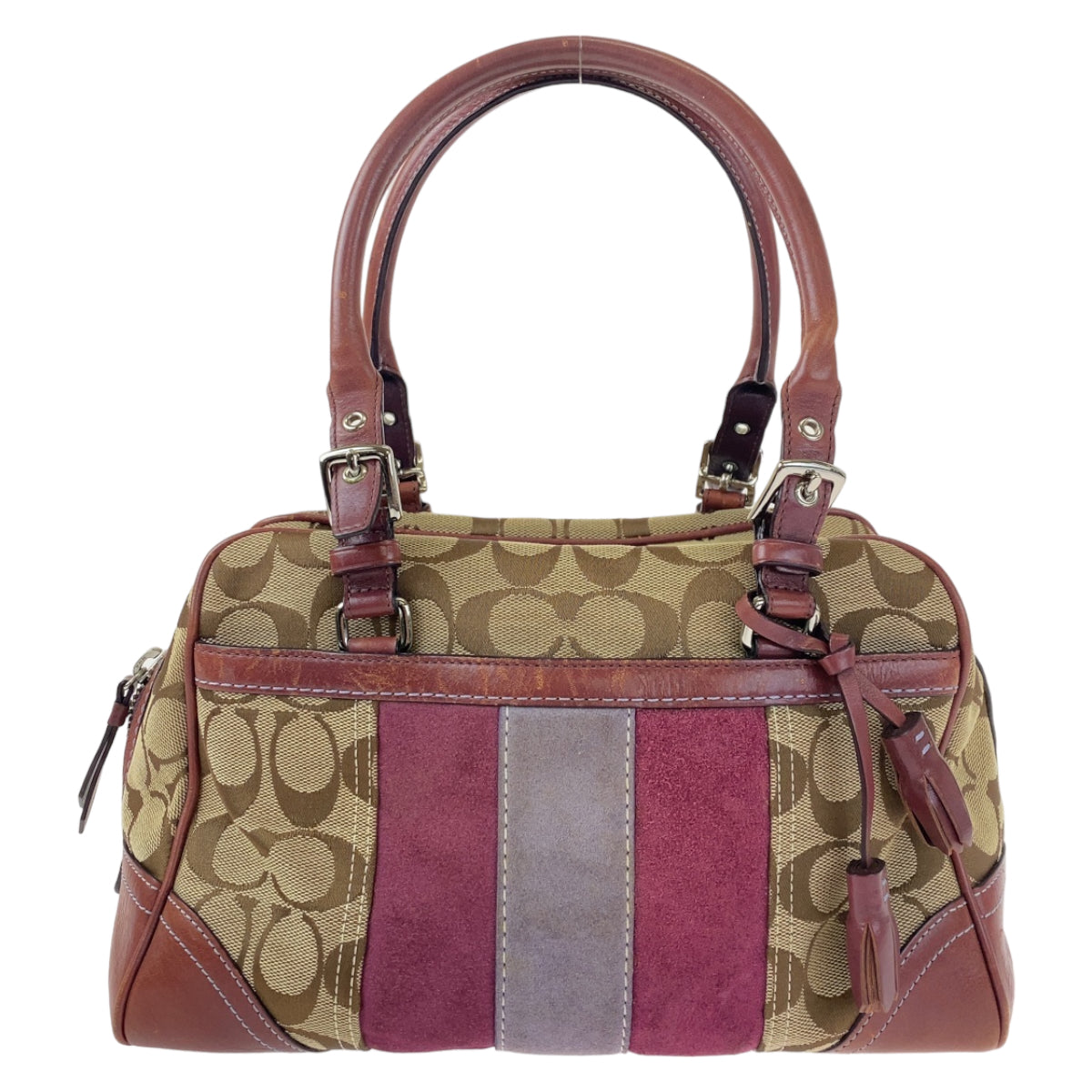 COACH コーチ シグネチャー ブラウン 茶 ピンク シルバー金具 キャンバス / レザー ハンドバッグ ミニボストン  レディース