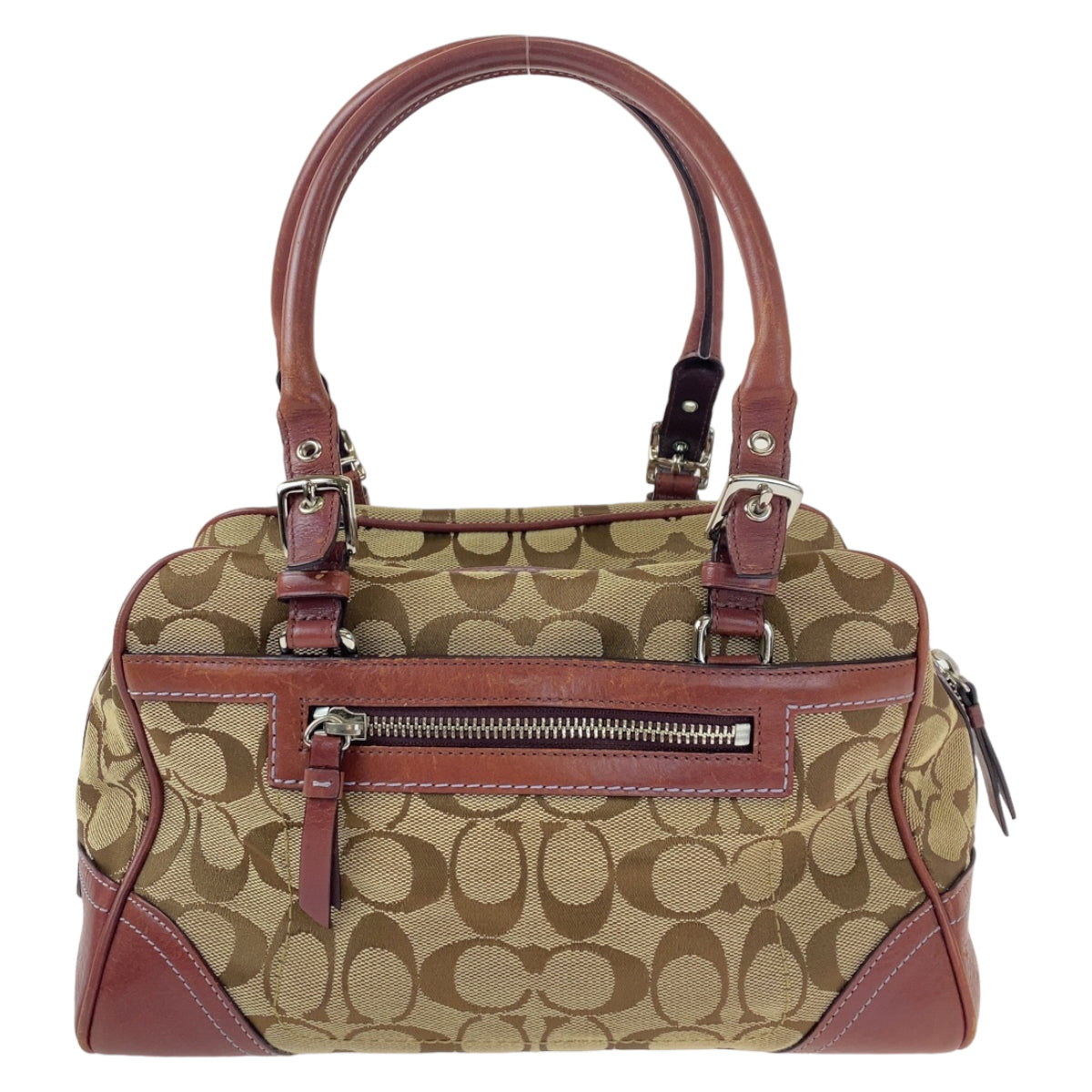 COACH コーチ シグネチャー ブラウン 茶 ピンク シルバー金具 キャンバス / レザー ハンドバッグ ミニボストン  レディース