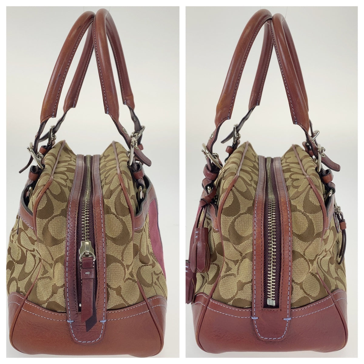 COACH コーチ シグネチャー ブラウン 茶 ピンク シルバー金具 キャンバス / レザー ハンドバッグ ミニボストン  レディース