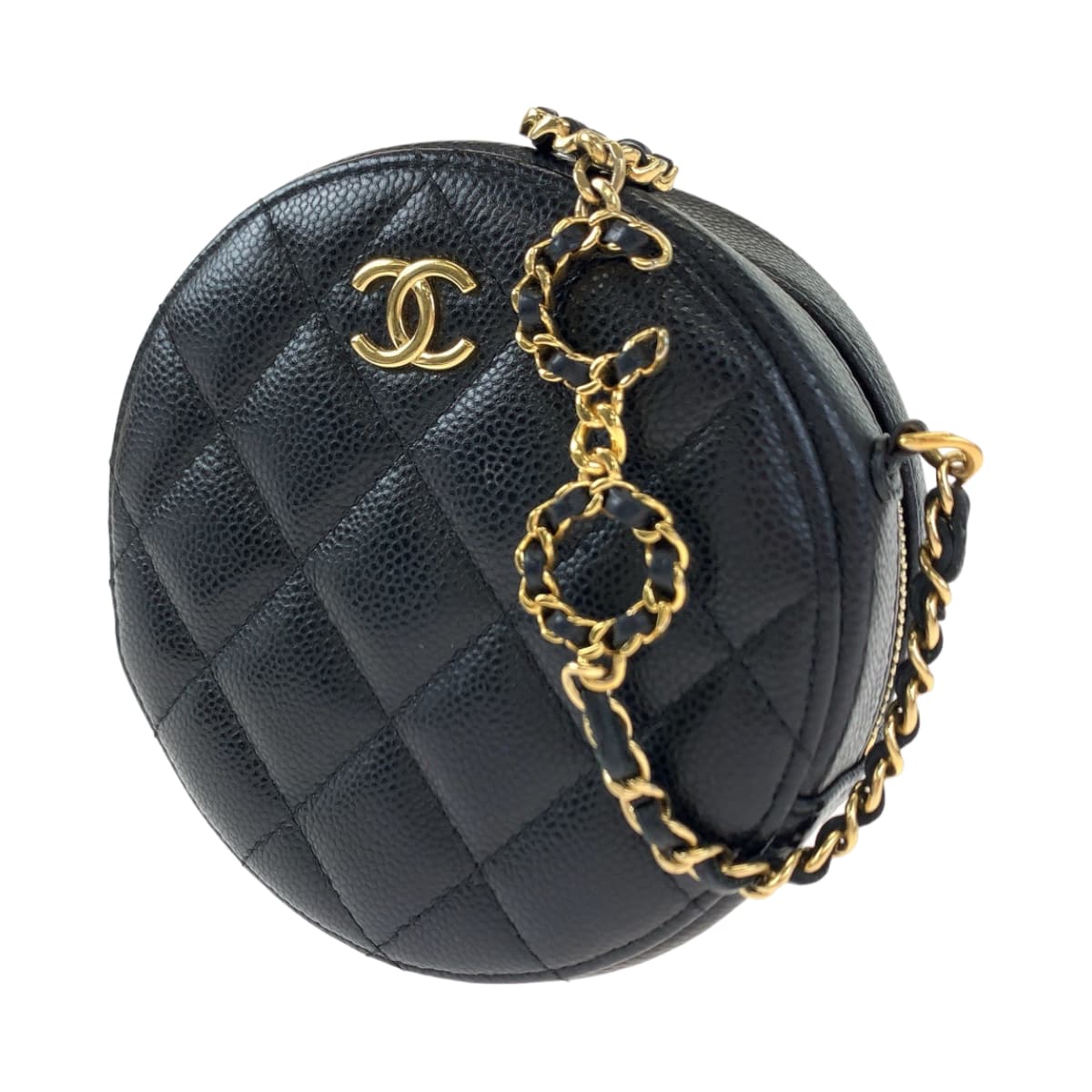 CHANEL シャネル マトラッセ ココマーク ラウンド 丸型 ブラック 黒 ゴールド金具 キャビアスキン 斜め掛け ショルダーバッグ ポーチ  レディース