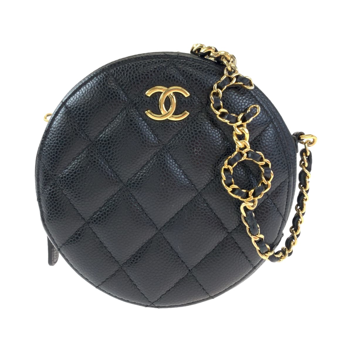 CHANEL シャネル マトラッセ ココマーク ラウンド 丸型 ブラック 黒 ゴールド金具 キャビアスキン 斜め掛け ショルダーバッグ ポーチ  レディース