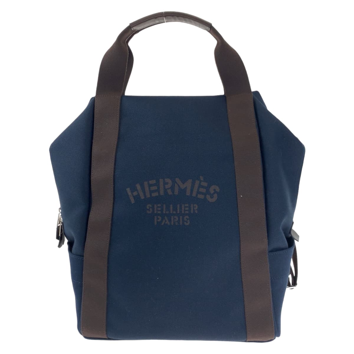 HERMES エルメス グルーム バックパック ネイビー フーオレンジ シルバー金具 トワルシェブロン リュック バックパック  メンズ