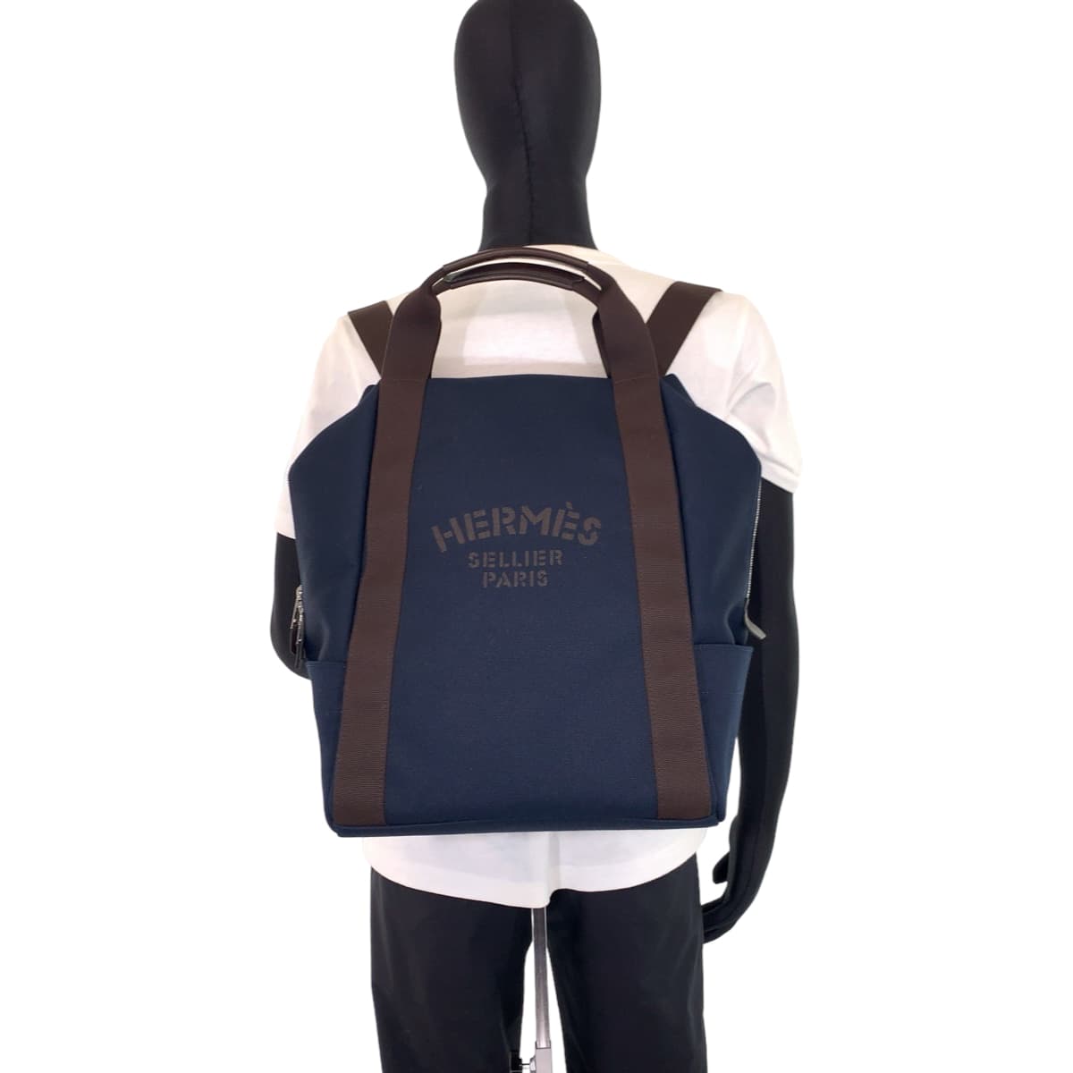 HERMES エルメス グルーム バックパック ネイビー フーオレンジ シルバー金具 トワルシェブロン リュック バックパック  メンズ