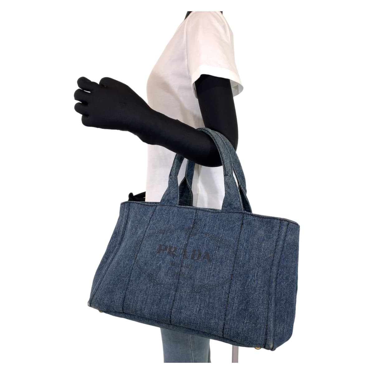 PRADA Prada Canapa Blue Gold Hardware Denim Tote Bag Handbag Women's