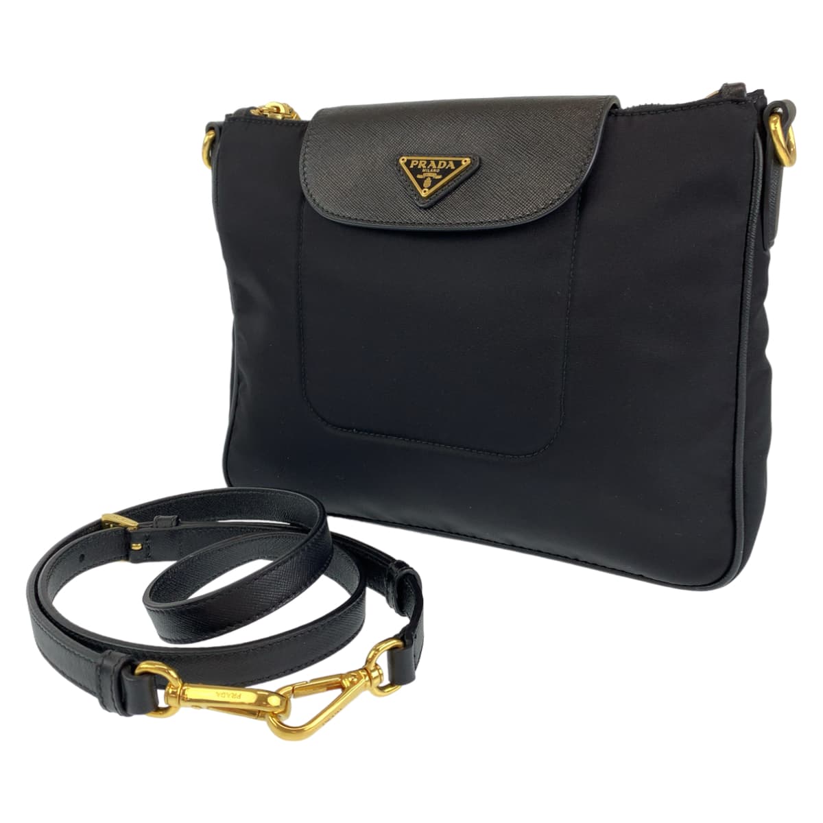 PRADA Prada Tessuto Black Gold Hardware Nylon/Leather Shoulder Bag Crossbody Bag for Women