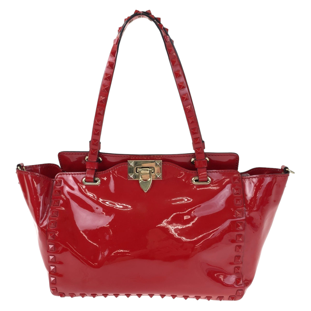 VALENTINO ヴァレンティノ ロックスタッズ レッド 赤 ゴールド金具 エナメル ショルダーバッグ トートバッグ 2way  レディース