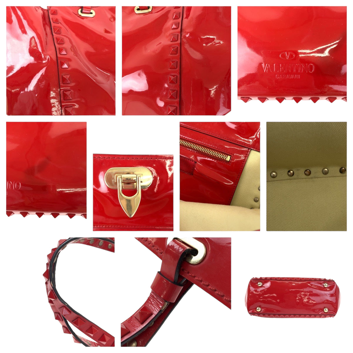VALENTINO ヴァレンティノ ロックスタッズ レッド 赤 ゴールド金具 エナメル ショルダーバッグ トートバッグ 2way  レディース