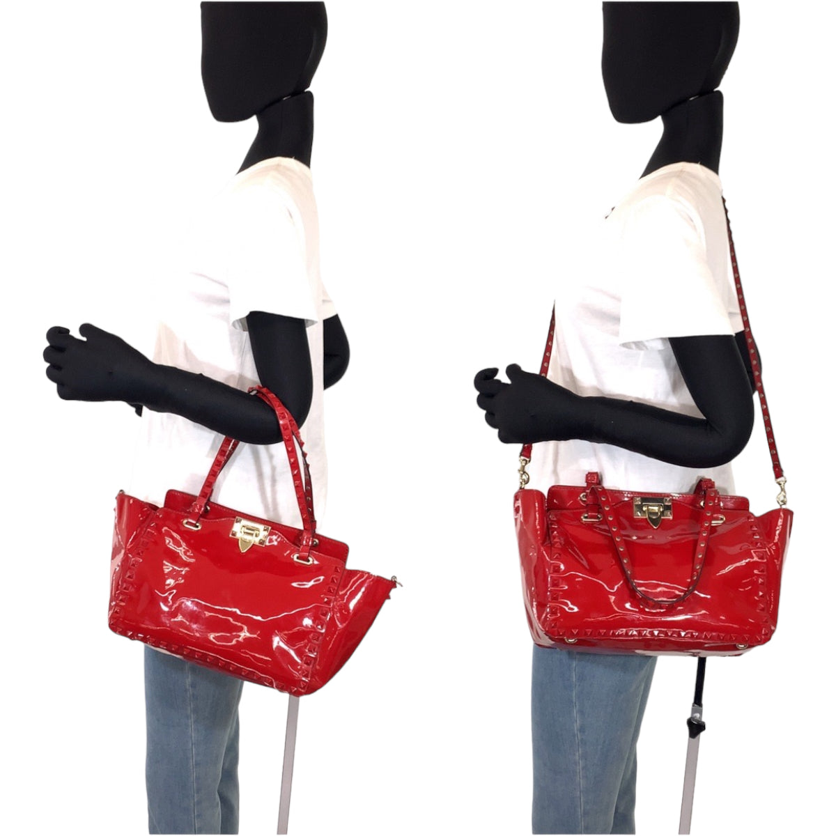 VALENTINO ヴァレンティノ ロックスタッズ レッド 赤 ゴールド金具 エナメル ショルダーバッグ トートバッグ 2way  レディース